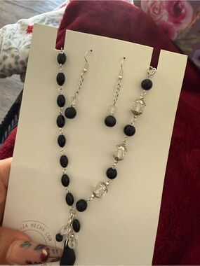 Handmade Elegant Black and Clear Bead Necklace & Earrings Set